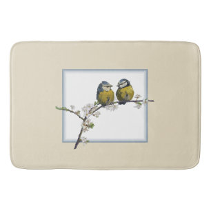 Lovebirds on a cherry blossom branch square beige bath mat