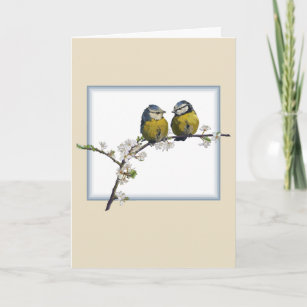 Lovebirds on a cherry blossom branch square beige card
