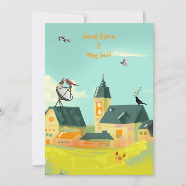 Lovebirds on the Antenna Charming village wedding  Invitation (Front)