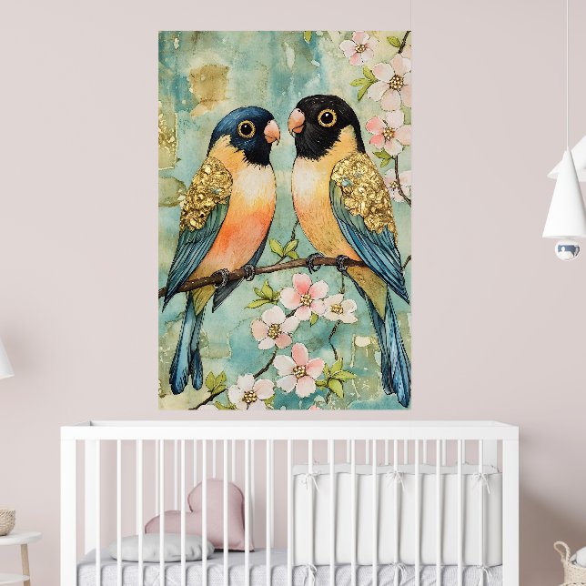 lovebirds, perch on a flowering branch. poster (Nursery 2)