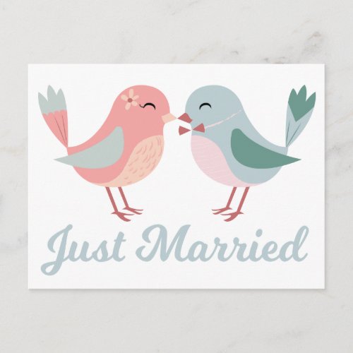 Lovebirds Pink  Blue Just Married Wedding Announcement Postcard