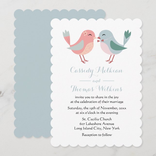 Lovebirds Pink & Blue Wedding Birds Invitation (Front/Back)