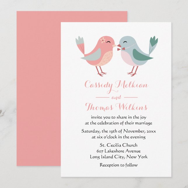 Lovebirds Pink & Blue Wedding Birds Invitation (Front/Back)