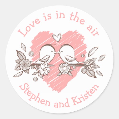 Lovebirds Pink Heart Wedding Personalized Love Classic Round Sticker
