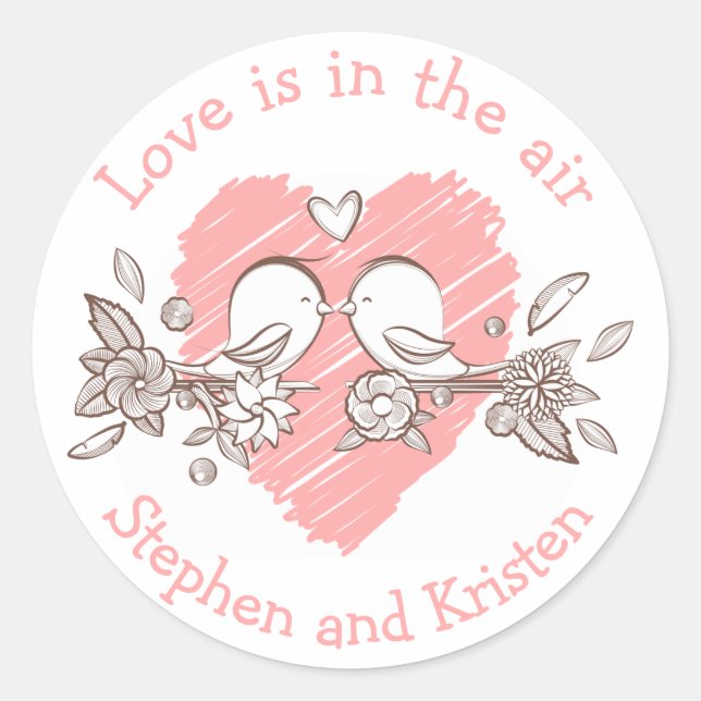 Lovebirds Pink Heart Wedding Personalized Love Classic Round Sticker (Front)