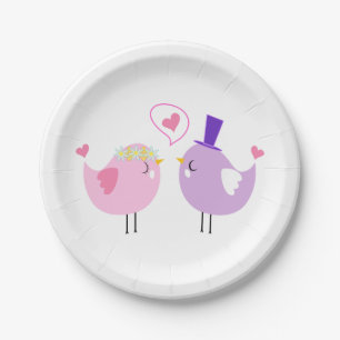 Lovebirds Pink Purple Wedding, Bridal Shower Love Paper Plates