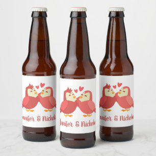 Lovebirds Red Burgundy Wedding Bridal Shower Beer Bottle Label