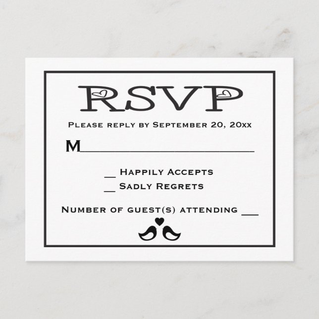 Lovebirds RSVP Black And White Wedding Invitation Postcard (Front)