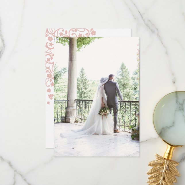 Lovebirds Secret Garden Blush Floral Photo Wedding Thank You Card (Front/Back In Situ)