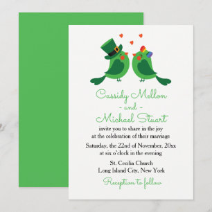 Lovebirds & Shamrock Green & White  Wedding Love Invitation
