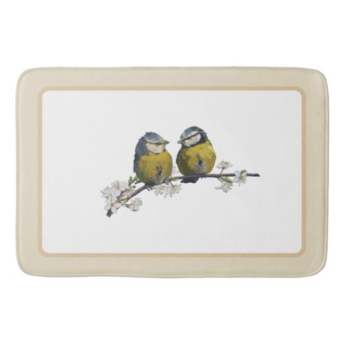 Lovebirds sitting on a cherry blossom branch beige bath mat
