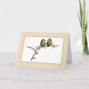 Lovebirds sitting on a cherry blossom branch beige card
