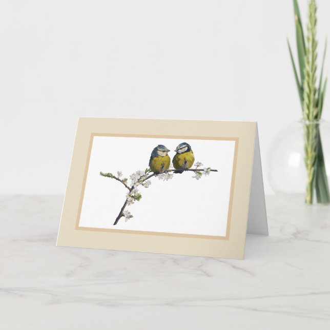 Lovebirds sitting on a cherry blossom branch beige card (Front)