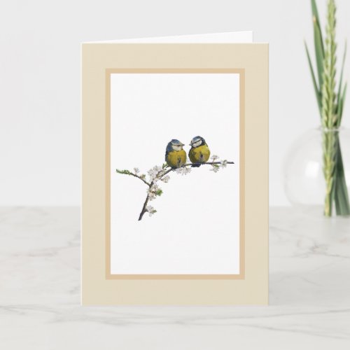 Lovebirds sitting on a cherry blossom branch beige card