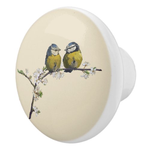 Lovebirds sitting on a cherry blossom branch beige ceramic knob