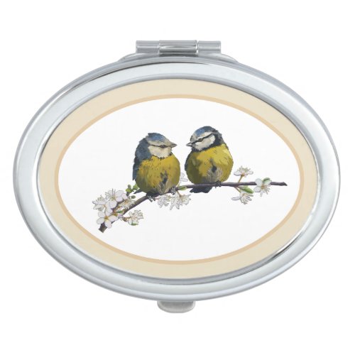 Lovebirds sitting on a cherry blossom branch beige compact mirror