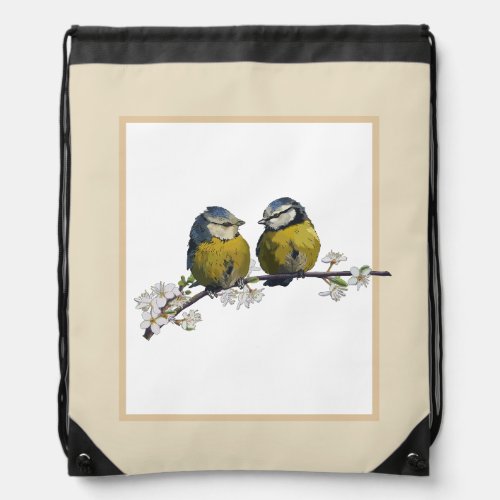 Lovebirds sitting on a cherry blossom branch beige drawstring bag