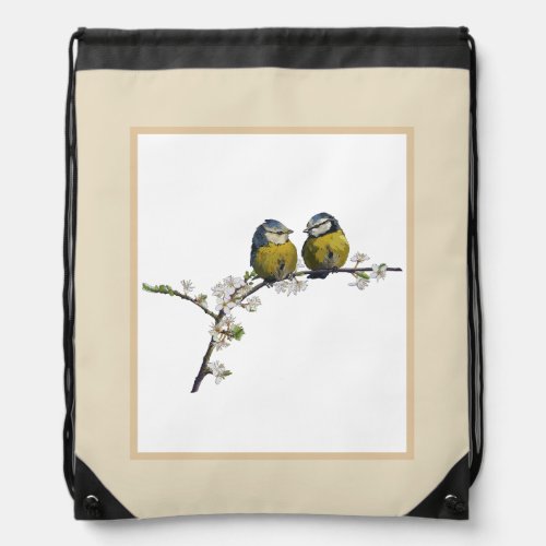 Lovebirds sitting on a cherry blossom branch beige drawstring bag