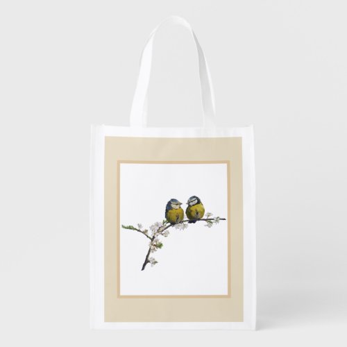 Lovebirds sitting on a cherry blossom branch beige grocery bag