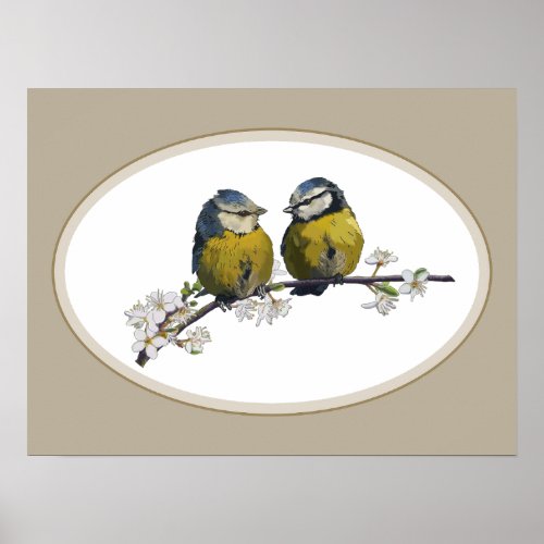 Lovebirds sitting on a cherry blossom branch beige poster