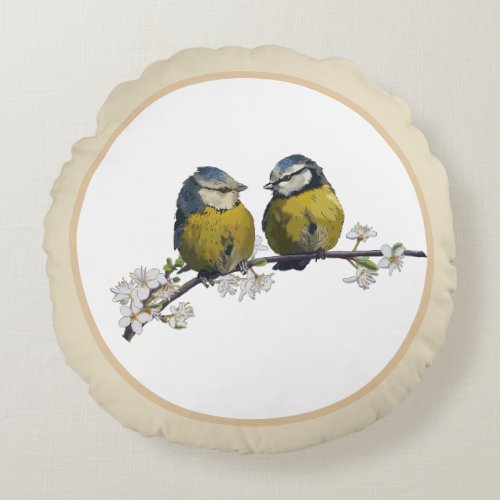 Lovebirds sitting on a cherry blossom branch beige round pillow