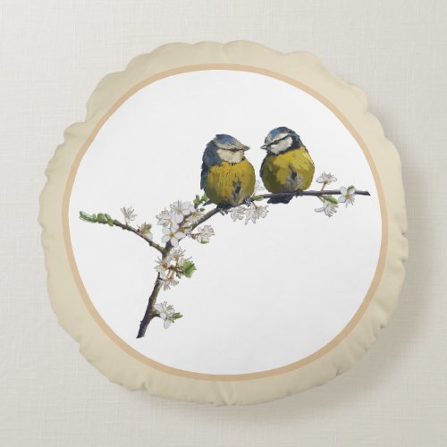 Lovebirds sitting on a cherry blossom branch beige round pillow