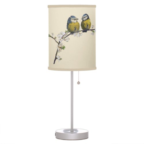 Lovebirds sitting on a cherry blossom branch beige table lamp
