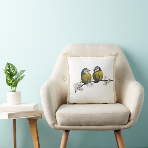 Lovebirds sitting on a cherry blossom branch beige throw pillow