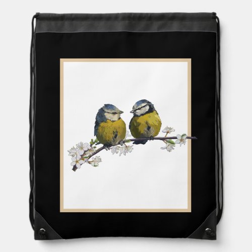Lovebirds sitting on a cherry blossom branch black drawstring bag