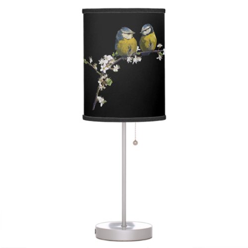 Lovebirds sitting on a cherry blossom branch black table lamp