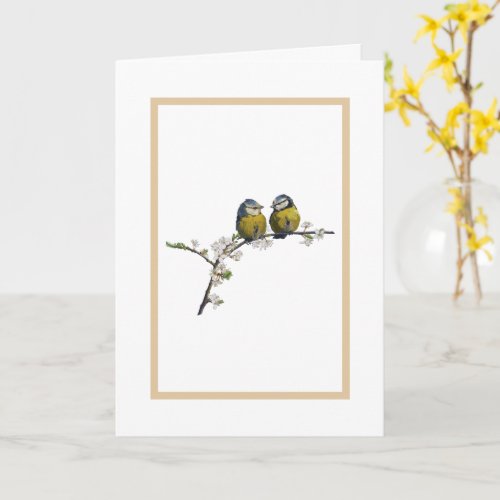 Lovebirds sitting on a cherry blossom branch card
