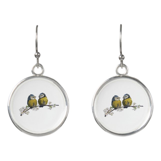 Lovebirds sitting on a cherry blossom branch earrings (Front)