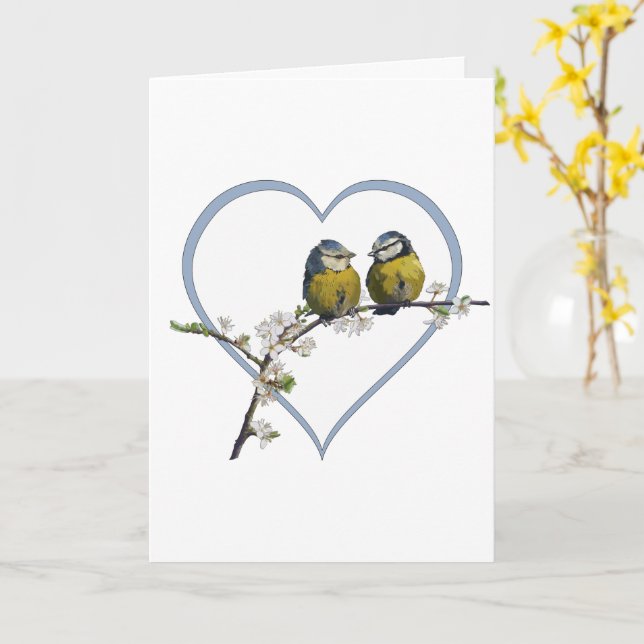 Lovebirds sitting on a cherry blossom branch heart card (Yellow Flower)