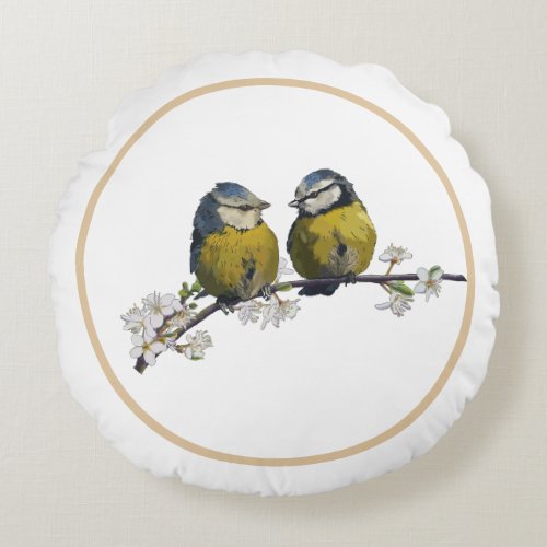 Lovebirds sitting on a cherry blossom branch round pillow