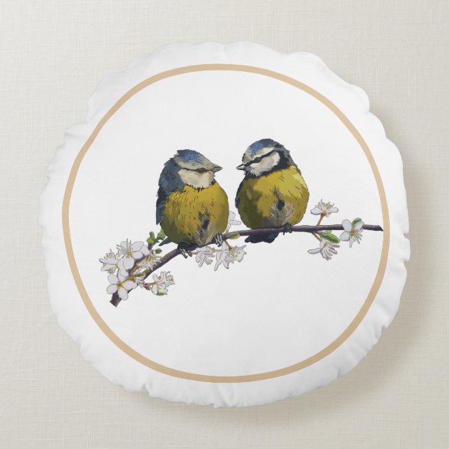 Lovebirds sitting on a cherry blossom branch round pillow (Front)