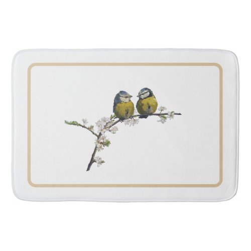 Lovebirds sitting on a cherry blossom branch white bath mat