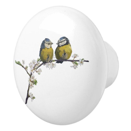 Lovebirds sitting on a cherry blossom branch white ceramic knob