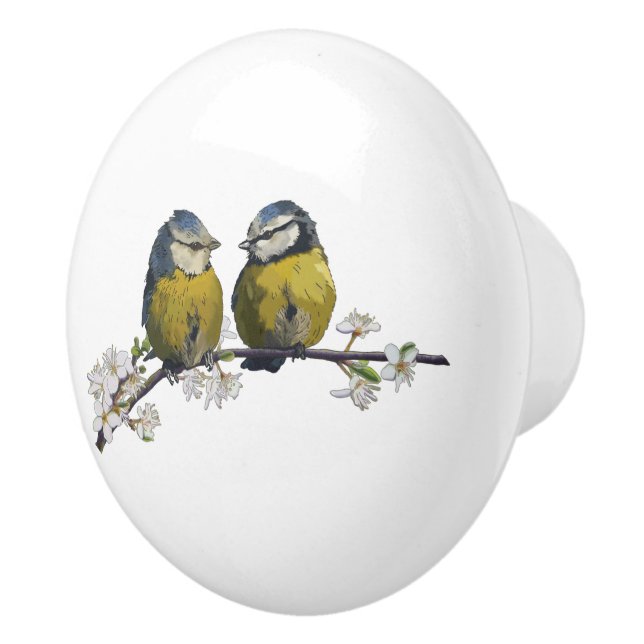 Lovebirds sitting on a cherry blossom branch white ceramic knob (Right)