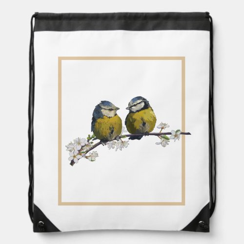 Lovebirds sitting on a cherry blossom branch white drawstring bag