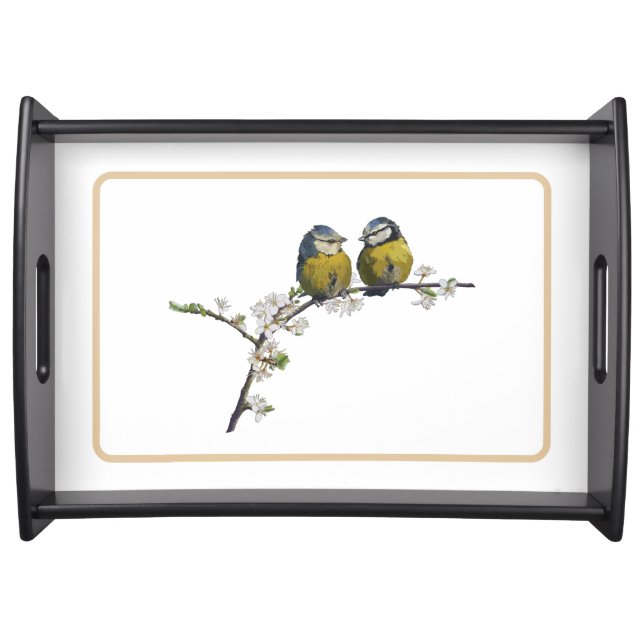 Lovebirds sitting on a cherry blossom branch white serving tray (Front)