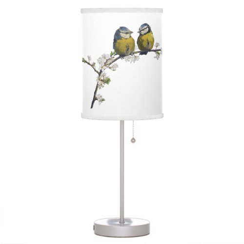 Lovebirds sitting on a cherry blossom branch white table lamp