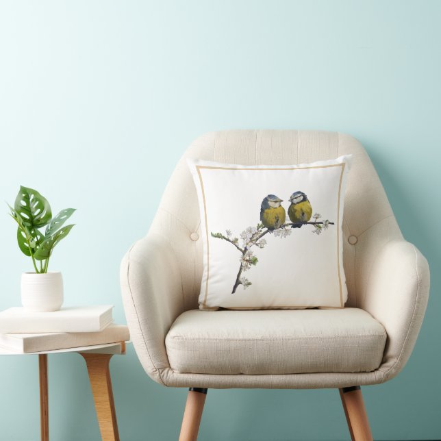 Lovebirds sitting on a cherry blossom branch white throw pillow (Chair)
