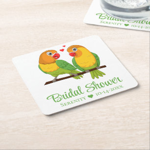 Lovebirds Yellow Green Love Birds Bridal Shower Square Paper Coaster
