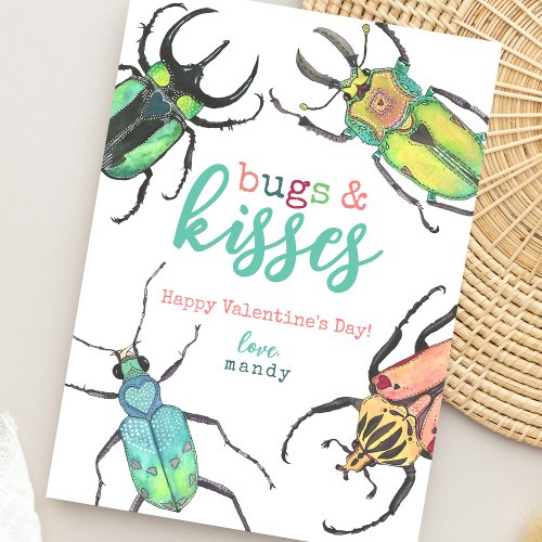 Lovebug Bugs and Kisses Watercolor Valentines Day Holiday Card