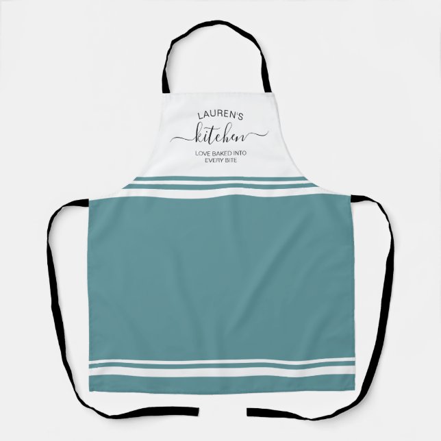 Loved Baked In Teal Turquoise French Stripe Apron (Front)