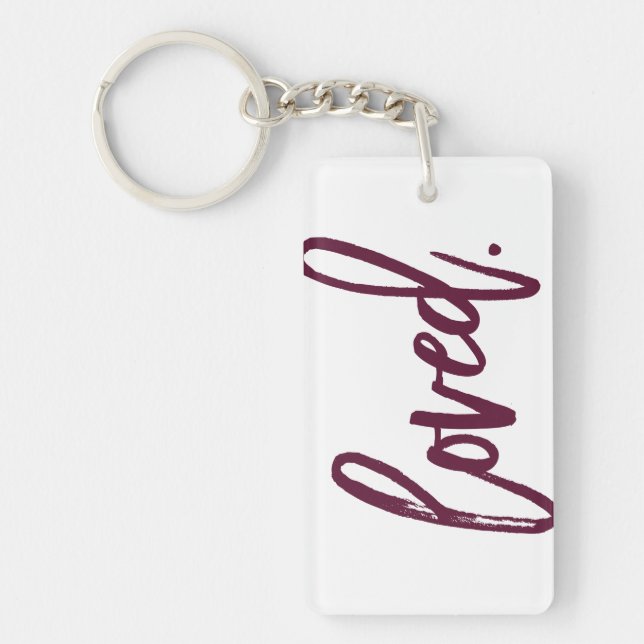 Loved. Burgundy Modern Trendy Script Typography Keychain (Front)