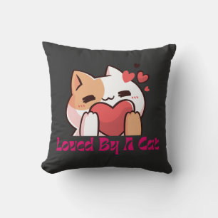 "Loved By A Cat Kawaii Cat Black Throw Pillow" Pillow