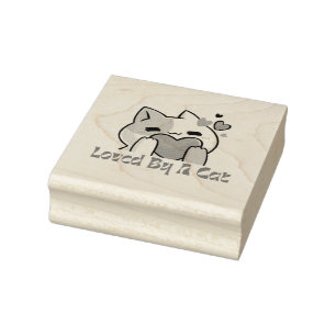 "Loved By A Cat Kawaii Cat Wood Art Stamp" Rubber Stamp