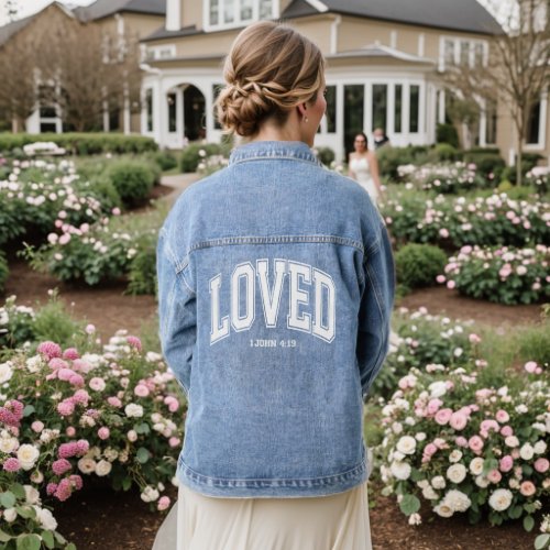 LOVED BY CHRIST Scripture with White Typography  Denim Jacket