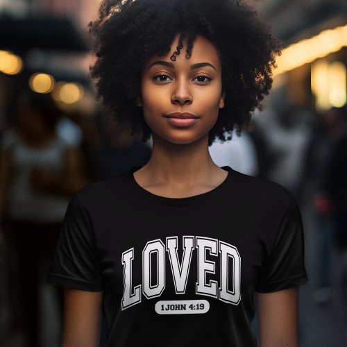 LOVED BY CHRIST Valentine Scripture Womens Black  T_Shirt